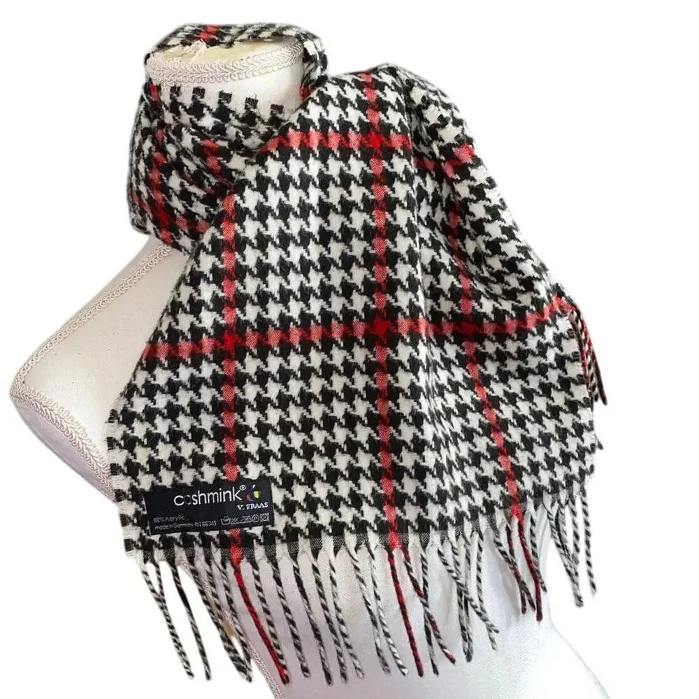 V Fraas Cashmink Houndstooth Holiday Acrylic Fringe Scarf Black White Red Winter